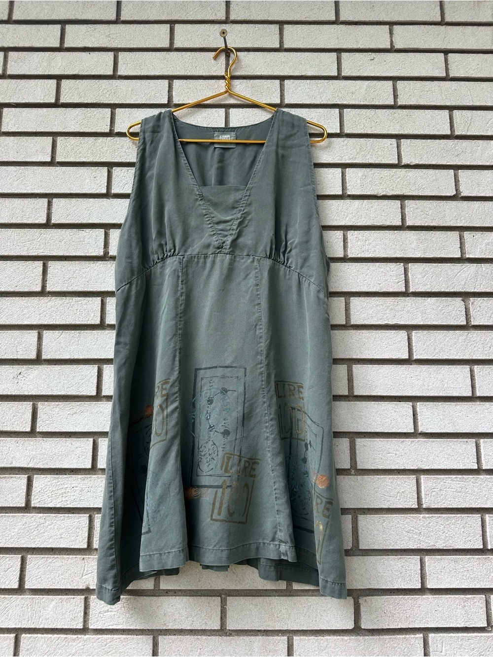 Blue Fish Clothing Dress L Vintage Art To Wear Lagenlook Graphic Sage Made USA
